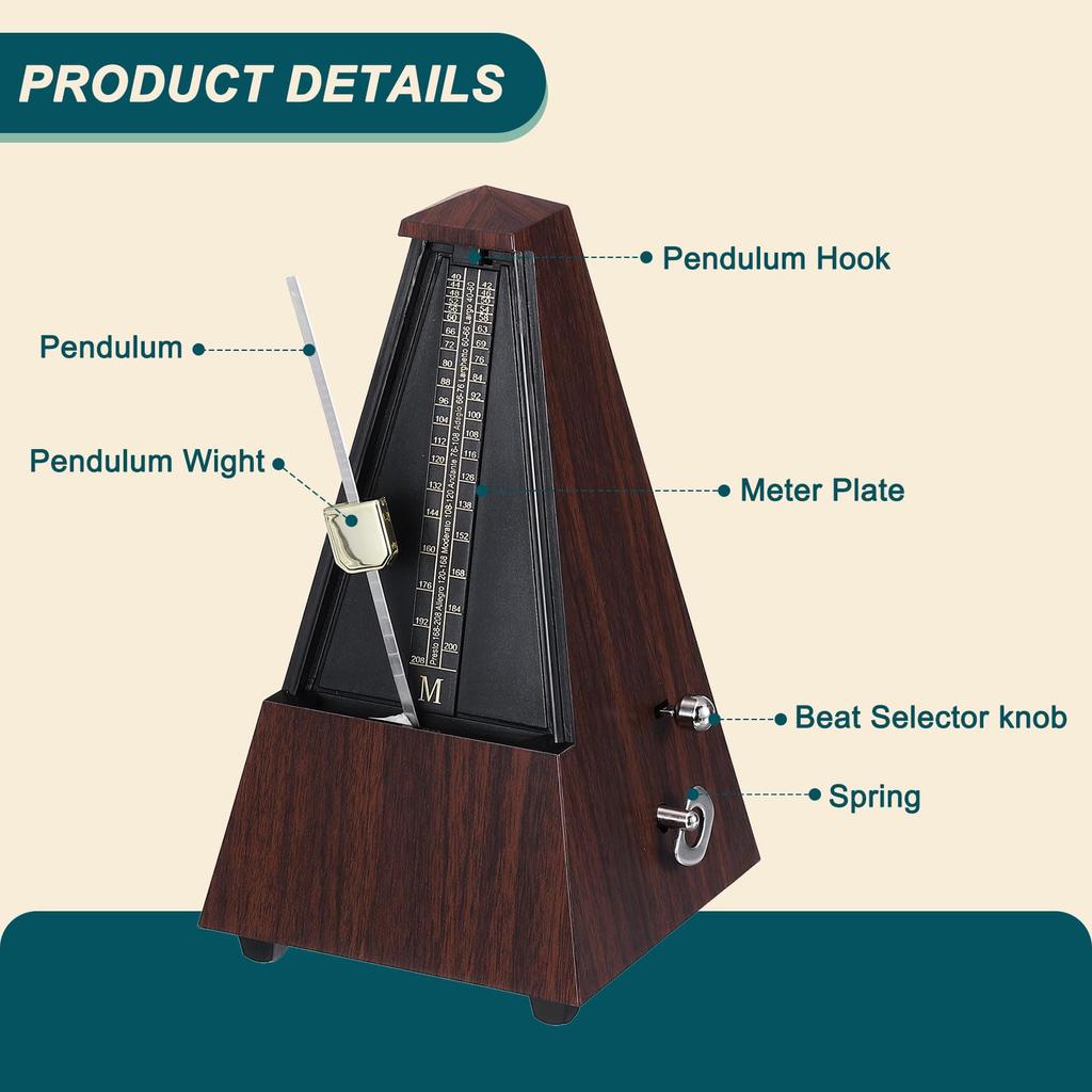 Uxcell Mechanical Metronome, High-Precision Music Timer, Versatile Metronome for Piano, Guitar, Violin, and Ukulele Players, Teak Color