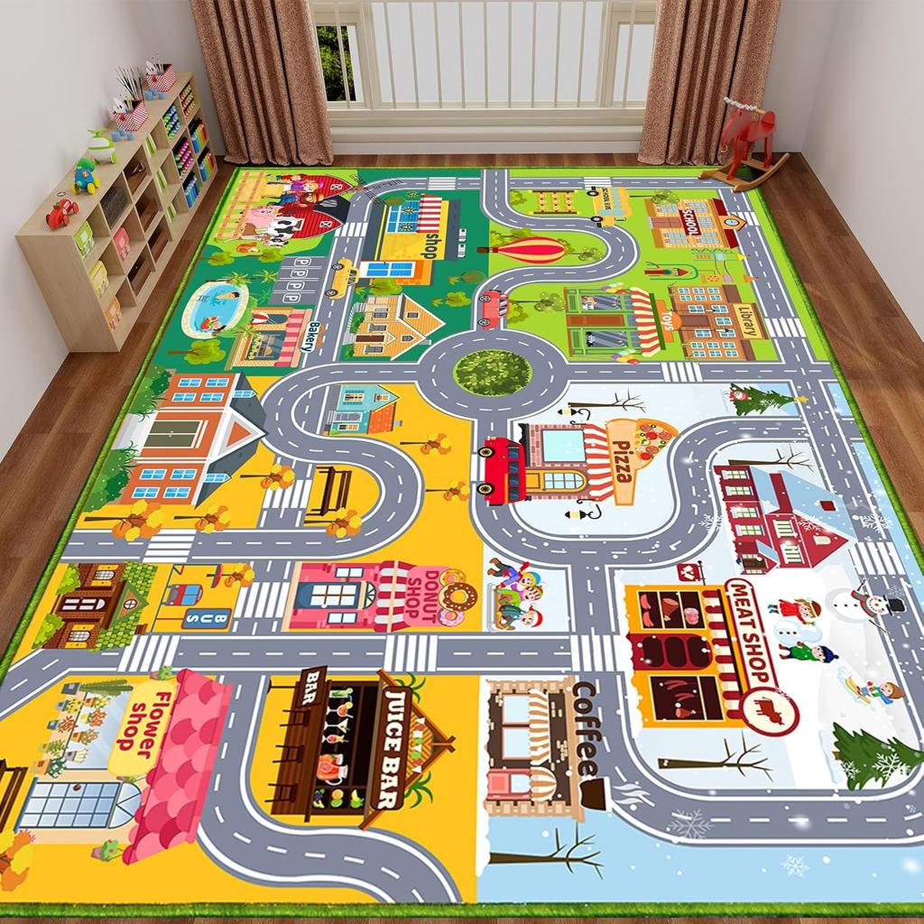 Cartoon City Road Map Print Non-slip Kids Play Rug Educational Floor Mat with Buildings Cars Farm for Playroom Bedroom Decor