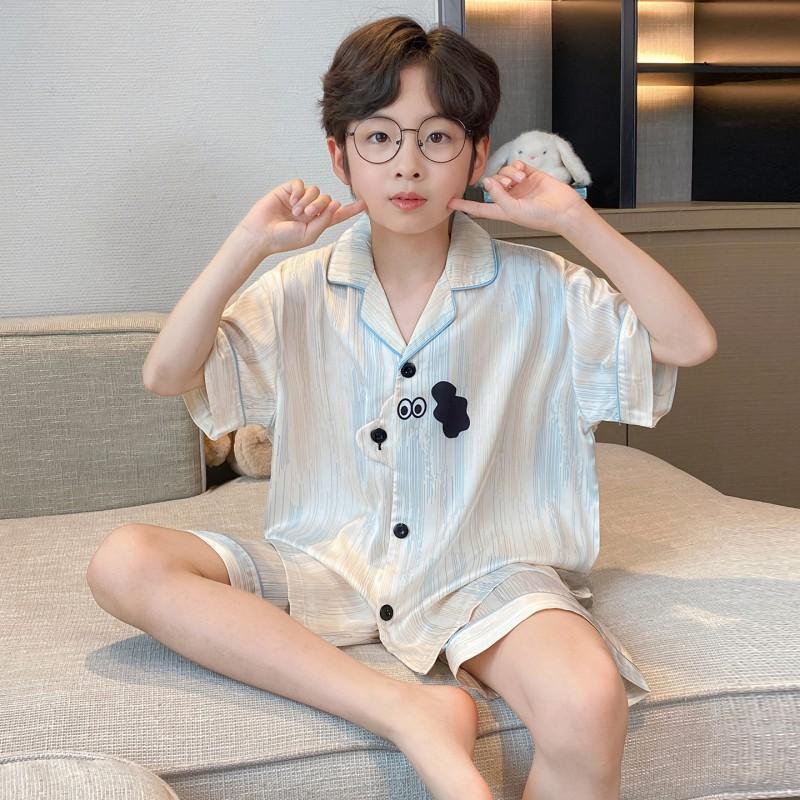 Boys Lightweight Ice Silk Pajama Set Short Sleeve Sleepwear Kids 3-8 Years Cartoon Print Two-Piece Home Wear