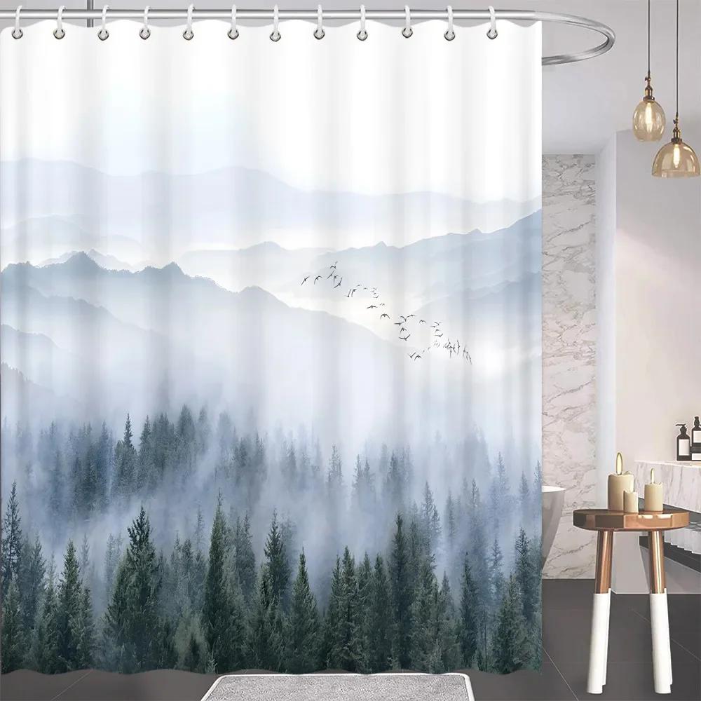 Naturalny Wystrój Łazienki Zasłona Prysznicowa Szara Biała Góry Ptaki Las Sosnowy Krajobraz Sceneria Zasłony Łazienkowe Tkanina Zmywalna