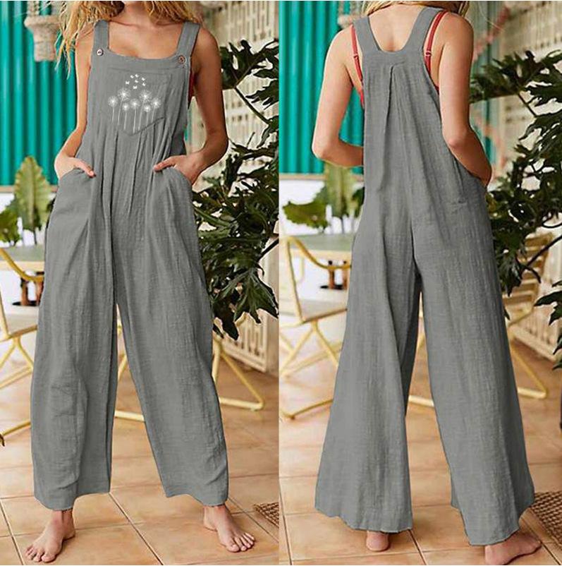 Summer Women Casual Loose Flower Print Jumpsuits Women's Overalls Boho Sleeveless Square Collar Jumpsuits