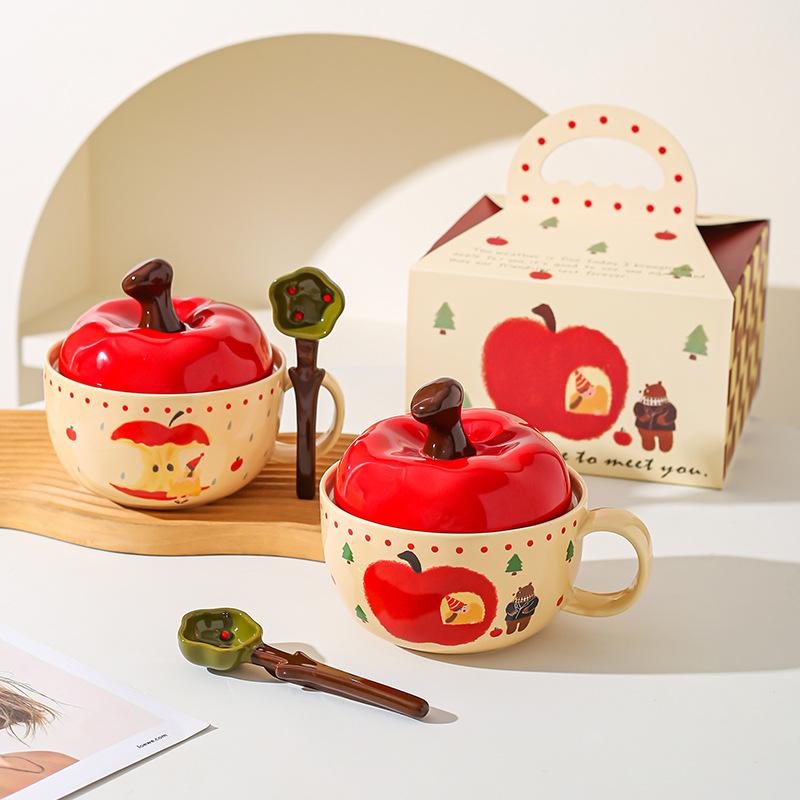 Creative Apple Ceramic Bowl High Value Spoon Instant Noodle Bowl Girls Girlfriend Souvenir Christmas Gift