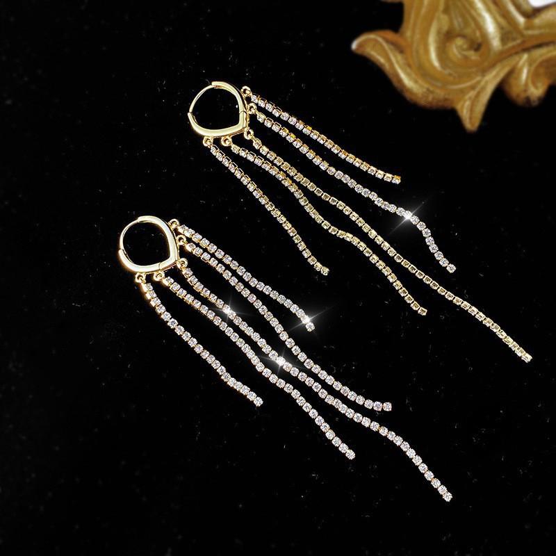 Unique Design Black Crystal Long Tassel Earrings for Women New Fashion Temperament Personality Cool Girls Party Jewelry