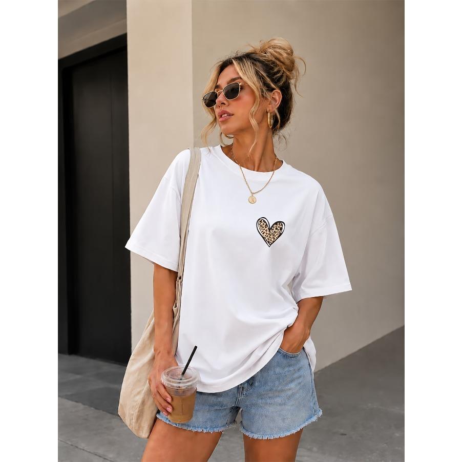 Ladies' Loose Round Neck Pure Cotton Short Sleeved T-shirt with Leopard Print Heart Print, Loose Fit Comfortable and Lightweight Breathable Fabrics
