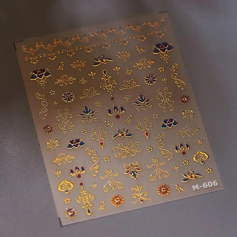 Blue and White Porcelain Chinese 5D Butterfly Flowers Vase Swallow Window Gold Stamping Nail Art Stickers Manicure Decals