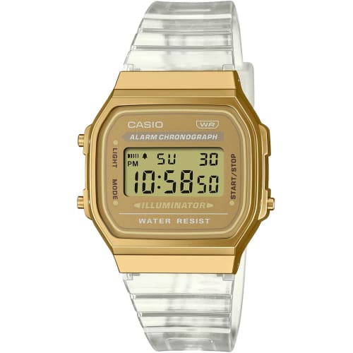 

Casio Vintage Series Digital Watch A168XESG-9A for Men, Women, and Kids, Gold with Clear Band, Overseas Model