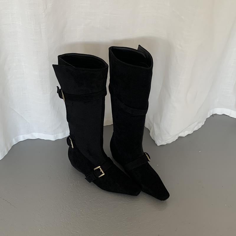 

Модные зимние женские сапоги до колена SUOJIALUN, модная пряжка, круглый носок, элегантные длинные сапоги, низкий клиновидный каблук, сапоги-рыцари, обувь 35 чёрный