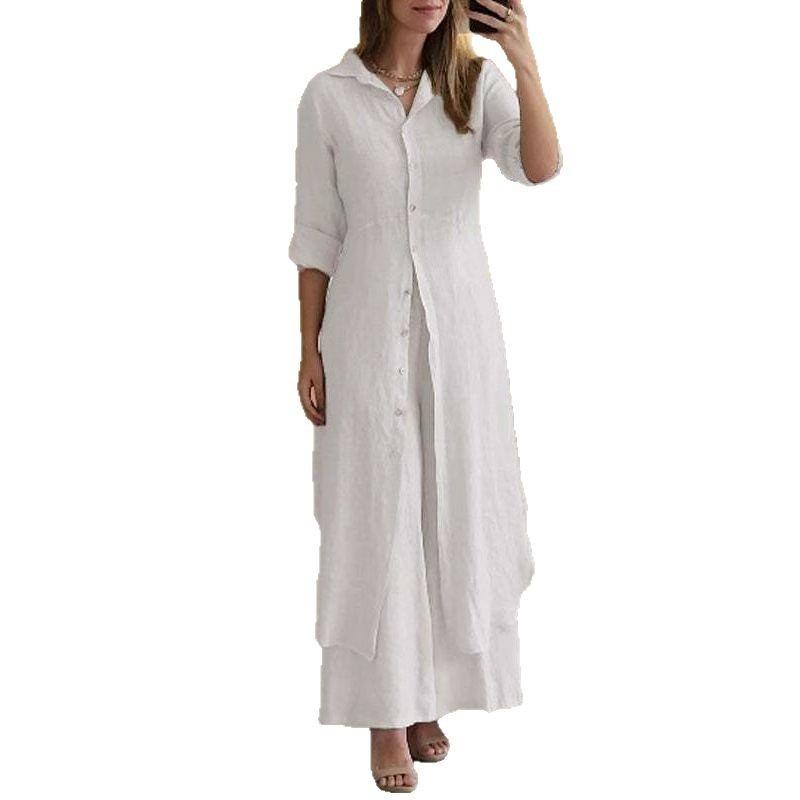 European and American Women's Clothing New Summer and Autumn Urban Elegance Cotton and Linen Slim Waist Long-sleeved Shirt Wide-leg Pants Suit Women