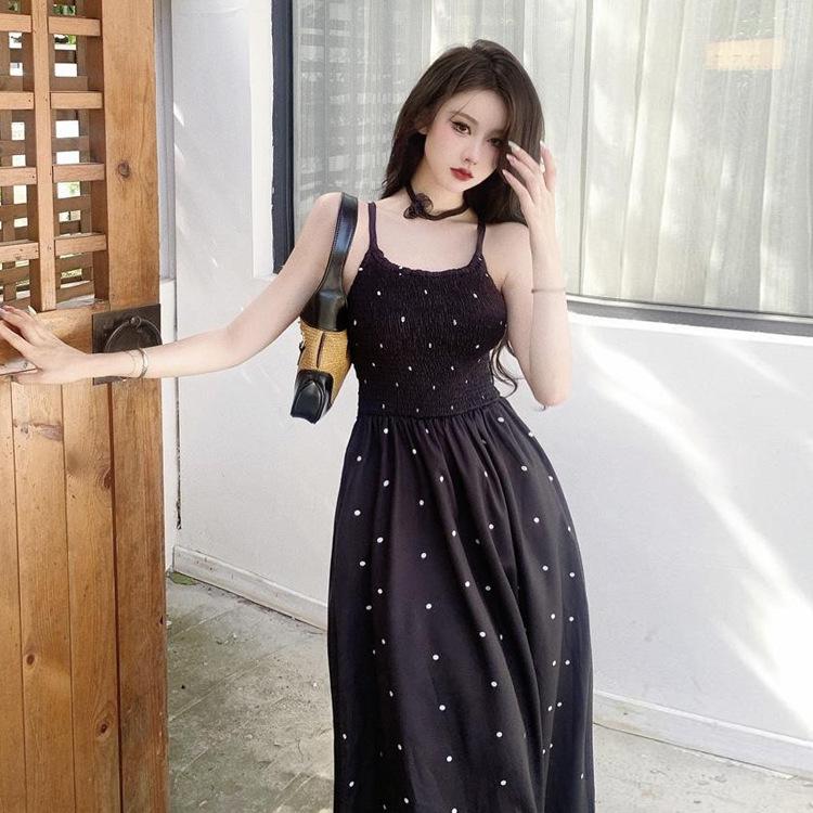 2025 High-End Women's Black Polka Dot Backless Camisole Summer Dress