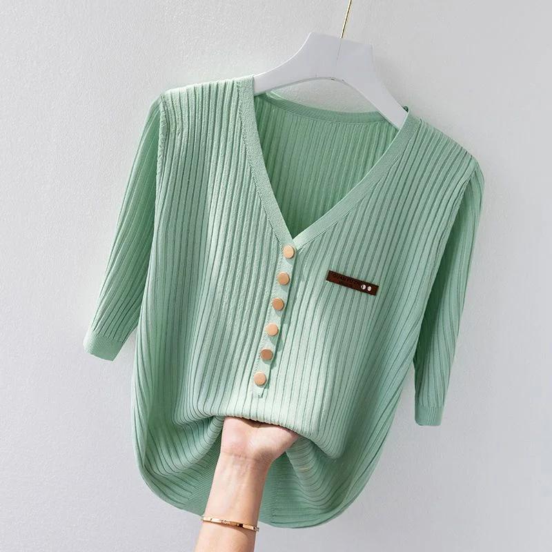 Blusa da Donna a Maglia Costinata Casual Scollo a V Manica Corta Top Decorato con Bottoni