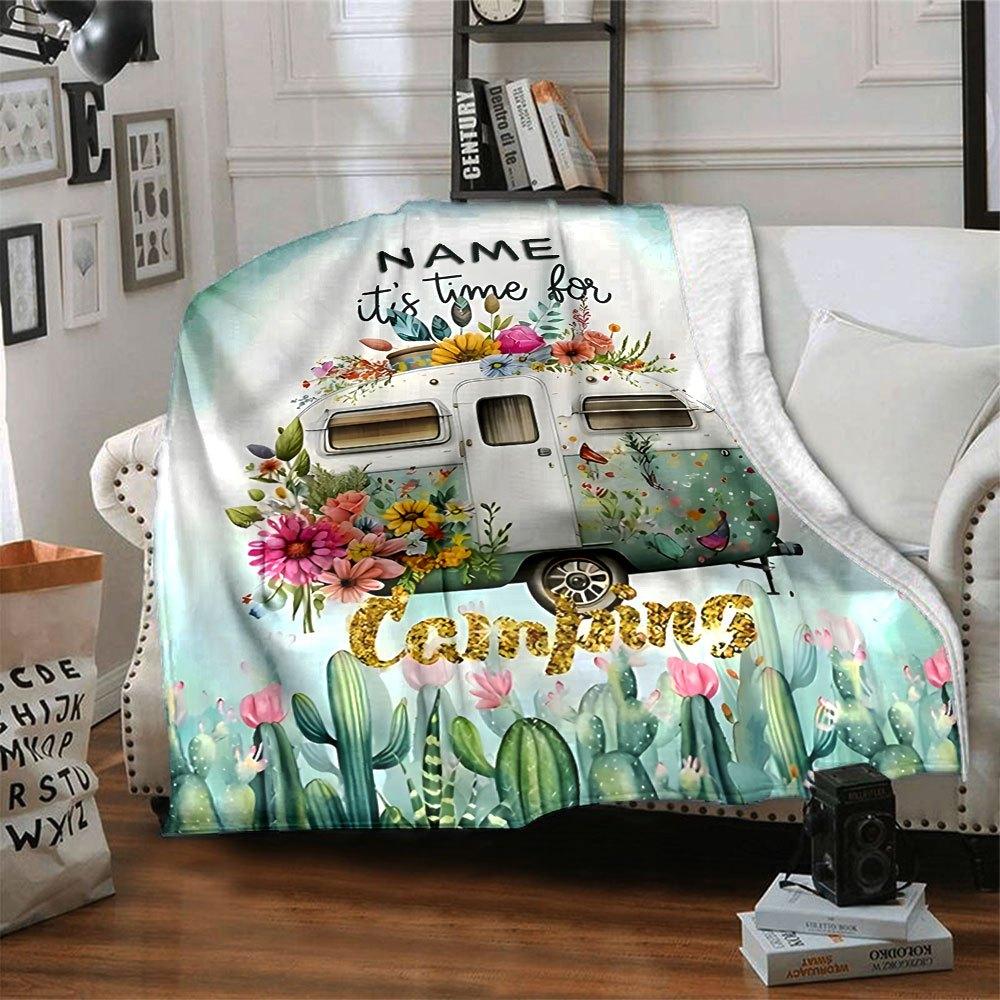 Floral Camper Camping Adventure Gift Personalized Blanket Customize Text Warmthful Decor Perfect For Sofa Couch Office Bed Picnics For All Occasions