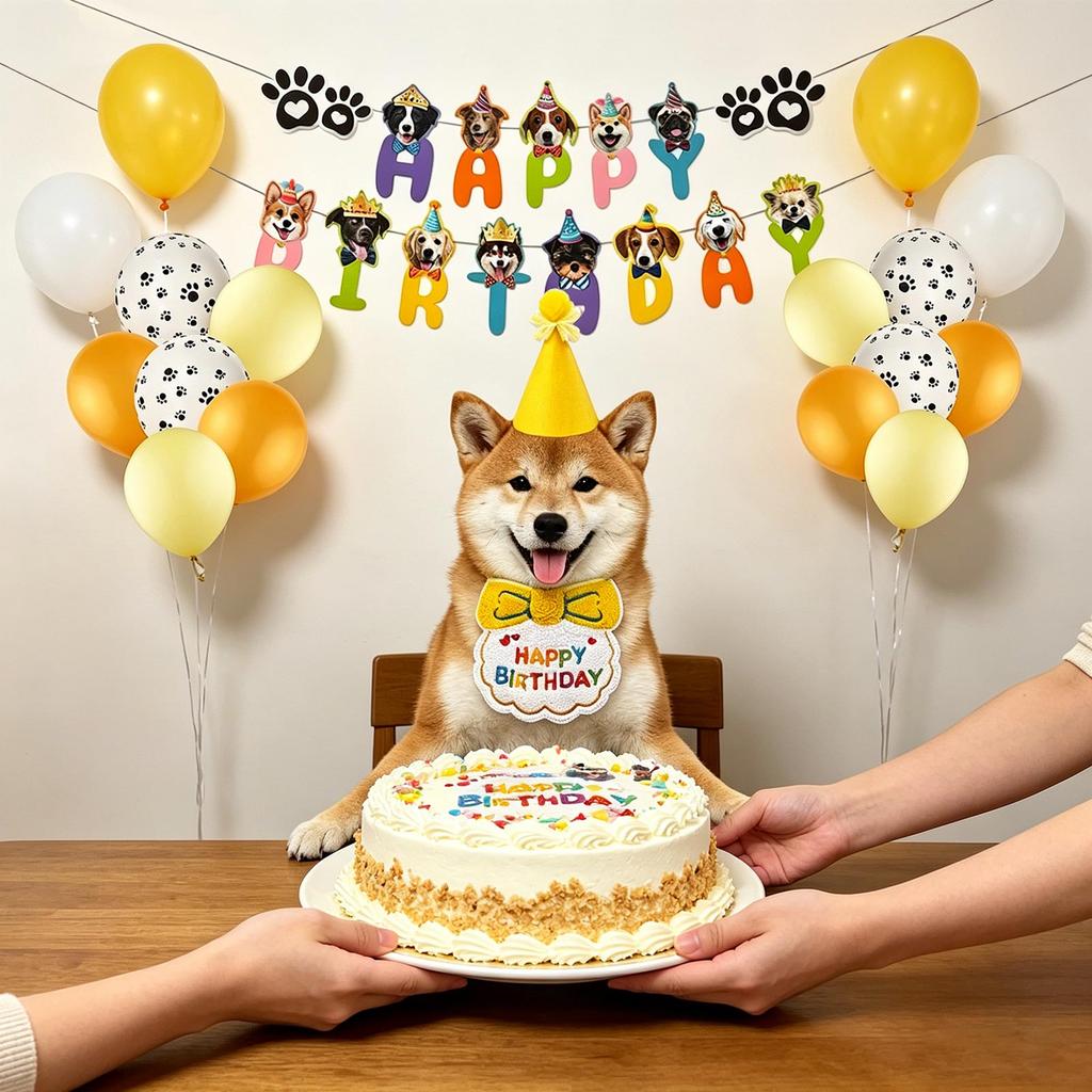 Pet Birthday Party Decoration Kit Includes Happy Birthday Banner with Dog Faces Paw Print Balloons Party Hat and Birthday Bib for Pets