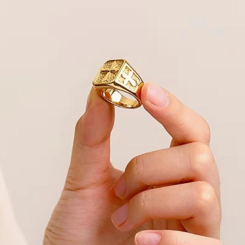 TEMU Copper Men's Trendy Stone Texture Cross Ring