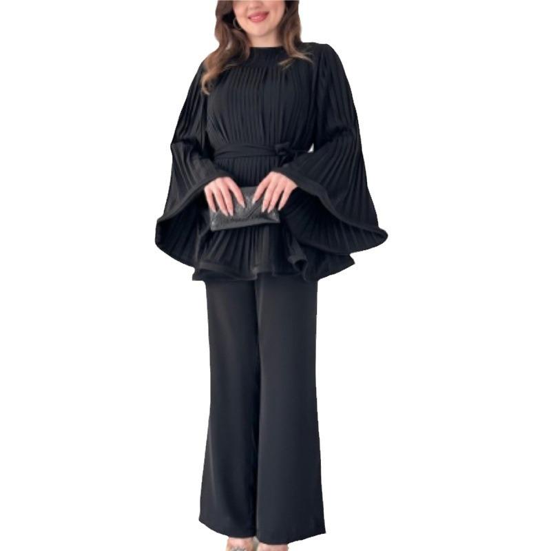 Nuovo Set Moda Donna 2024: Top Pieghettato con Lacci e Pantaloni a Gamba Larga