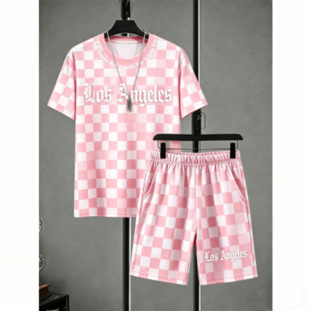 Fashion Men's Set Letter Striped Grid Printed Men's T-shirt and Shorts 2 Piece Set Summer Casual Outdoor Men's and Women's T-shirt Sets