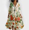 Midi-kjole med V-hals og blomsterprint, asymmetrisk fald, kort erme, flere farger