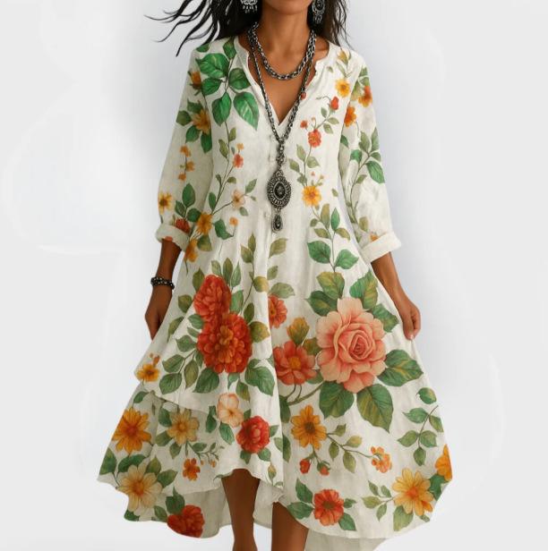 Midi-kjole med V-hals og blomsterprint, asymmetrisk fald, kort erme, flere farger