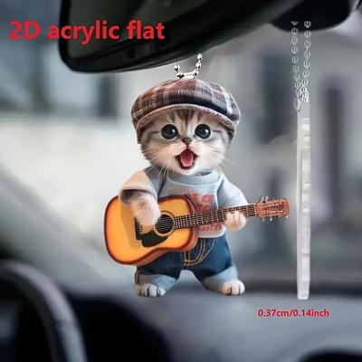 Encantador acrílico plano 2D guitarra gato carro espelho ornamento - casa e decoração do veículo bolsa escolar pingente