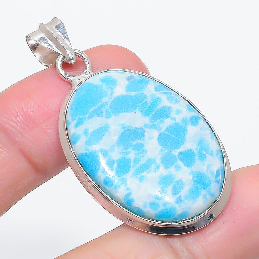 Natural Larimar Gemstone Handmade 925 Sterling Silver Jewelry Pendant 1.97" K3U38