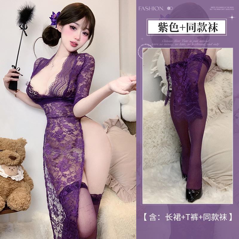 Sexy lingerie women's pure lace temptation long dress hot side split uniform free suit