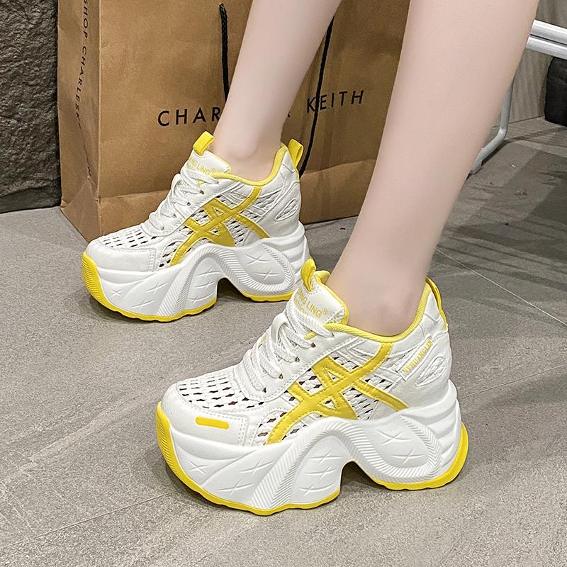 Fashion 2025 Chunky Leather Sneakers Summer Casual Vulcanized Shoes Woman High Platform Breathable Hollow Sneakers 9CM Sport Dad Shoes