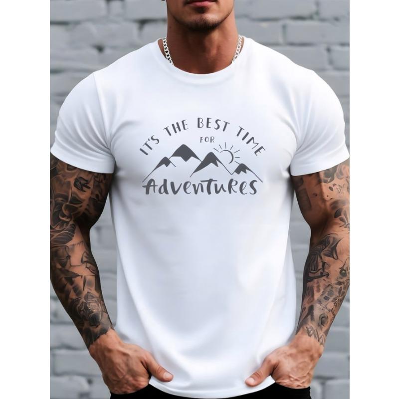 European Size Outdoor Adventure Theme Letter Pattern Print Men'S T-Shirt Daily Top Men'S Pattern T-Shirt Comfortable Breathable Short Sleeve T-Shirt