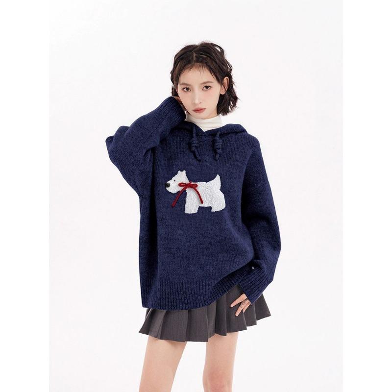 Grey Puppy Pullover Hooded Knitwear Women's Autumn New Thickened Retro Lazy Style Loose Sweater