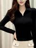 Women's Slimming Half-Zip Lapel T-Shirt - American Minimalist Style for Autumn/Winter