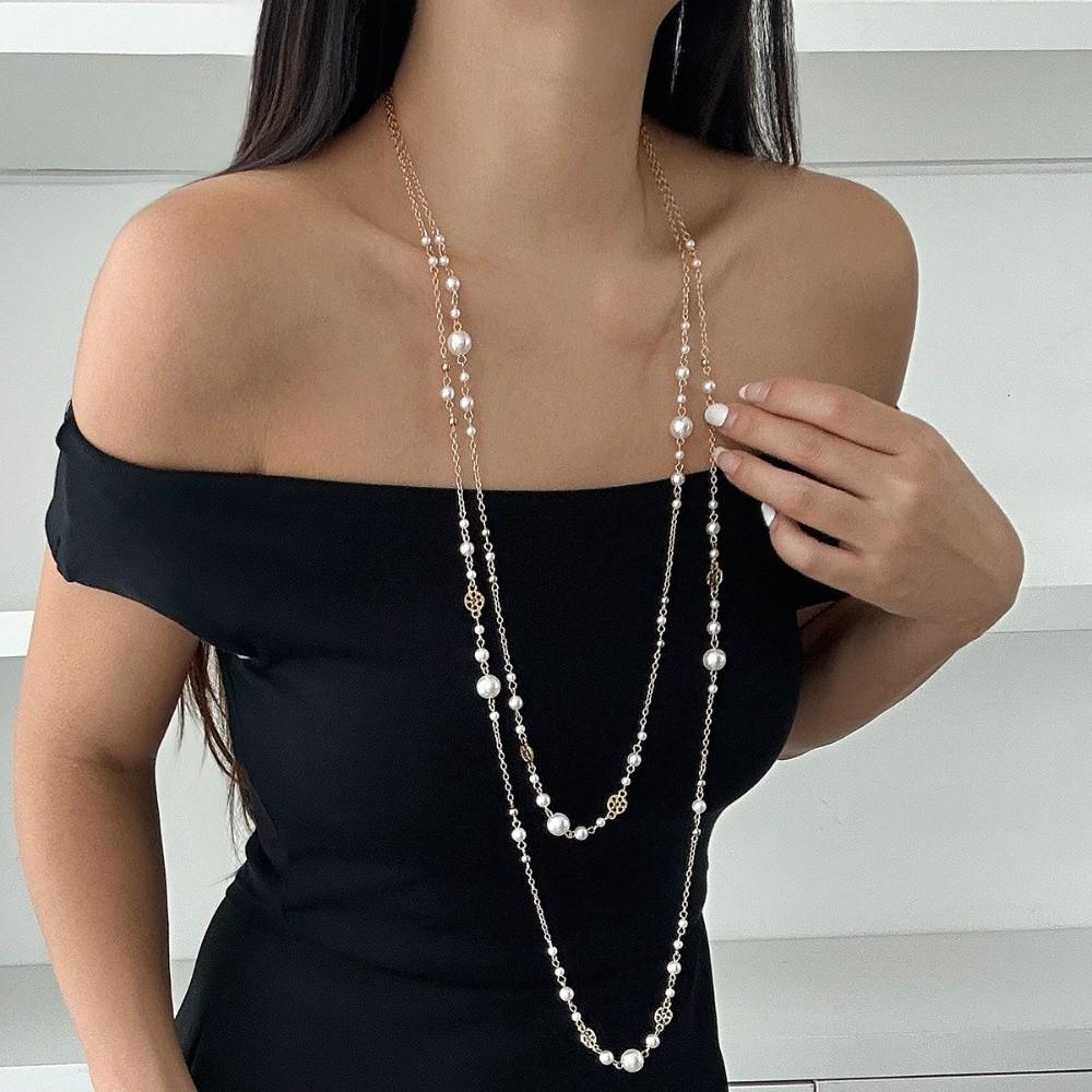 2Pcs/Set Pearl Design Long Chain Necklace Double Layers Layered Necklace  Personalized Trend