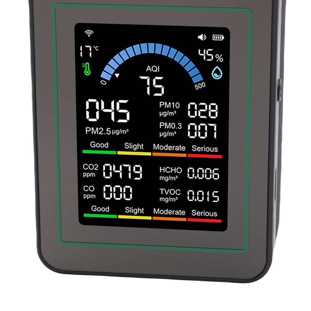 10 In 1 Air Quality Monitor, Color LCD Screen Indoor PM0.3 PM2.5 PM10 CO CO2 HCHO TVOC Temp Humidity Detector Fit for
