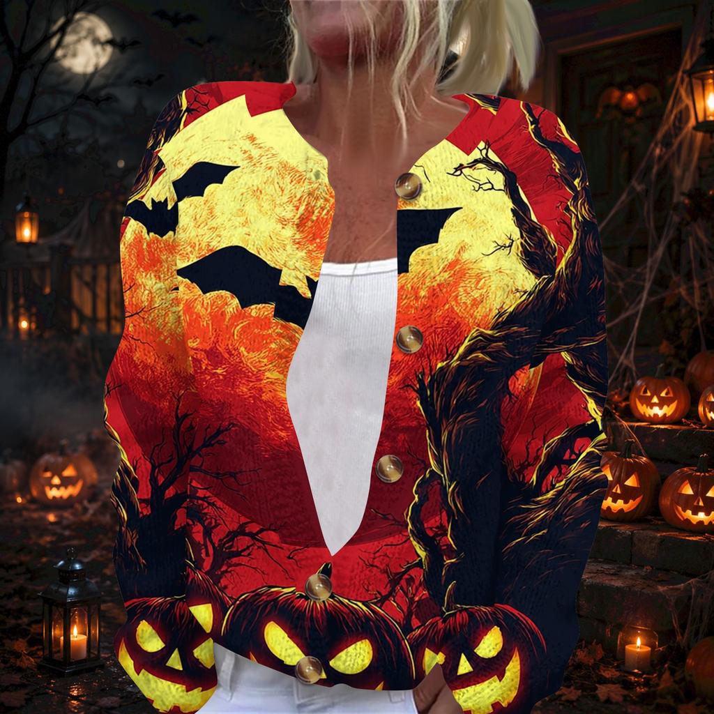 Women's Long Sleeve Knit Cardigan with Halloween Print Button Front for Holiday Party