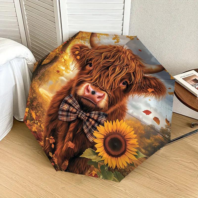 Autumn Bow Tie Highland Cow Sunflower Print Umbrella - Portable Folding Design, Iron Frame, Outdoor Rain Gear, Festival Gift for Fans, Trave