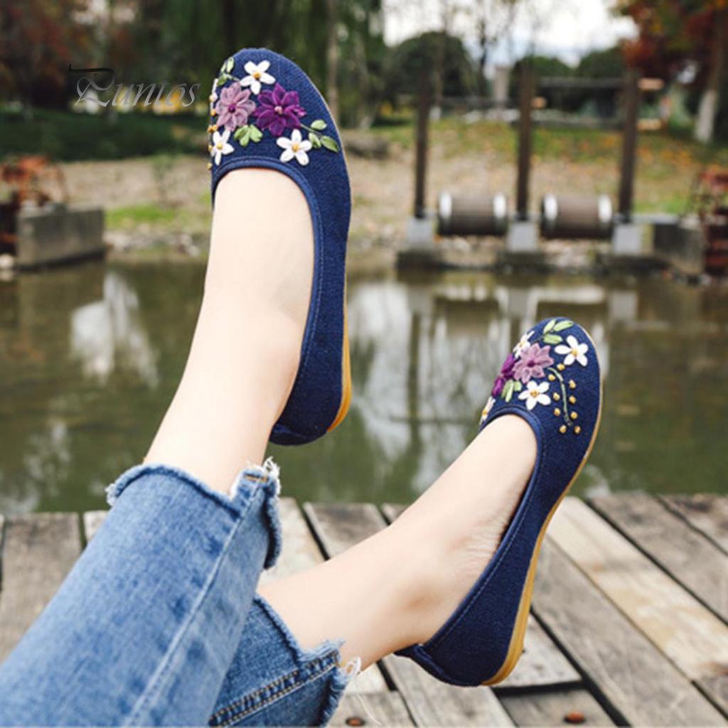 Vintage bestickte Damen-Flats, Blumen-Slipper, runde Zehenschuhe, Slipper, Ballerinas