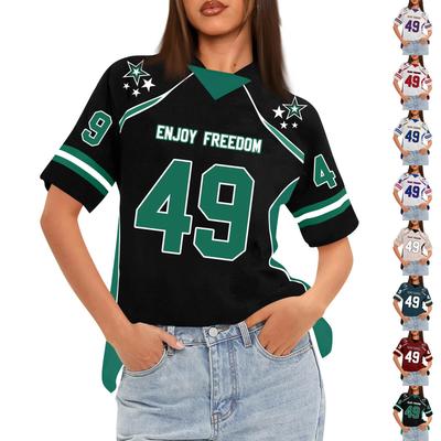 Women's Oversized Short Sleeve Mesh Football Jerseys Shirt V Neck Graphic Top Tee
