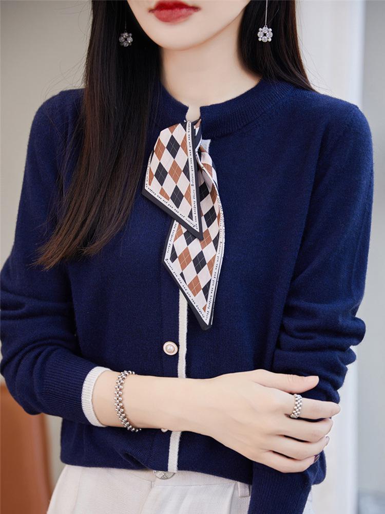 Autumn 2023 Women's Wool Knitwear: Stylish Scarf-Collar Cardigan Sweater