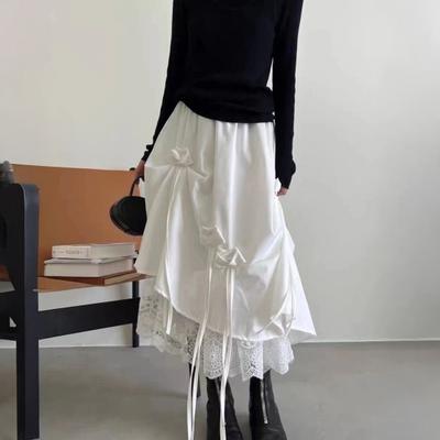 Falda de Mujer Elástica Cintura Alta Decoración de Lazo Forro de Encaje Falda Midi Color Liso Línea A Tejido Transpirable Falda Adelgazante