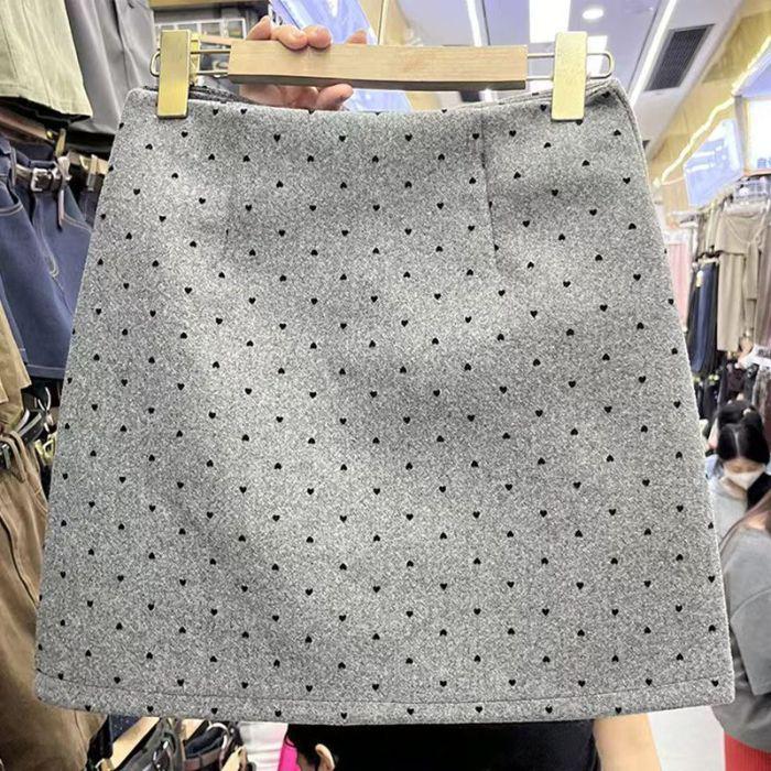 Women s High-Waisted Gray Polka Dot Wool-Blend Midi Skirt - Autumn/Winter S