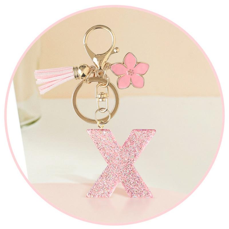 A-Z Glitter Pink Initial Letter Keychain Flowers Tassel Resin Car Keyring Women Girls Backpack Charms Accessories Year Gifts