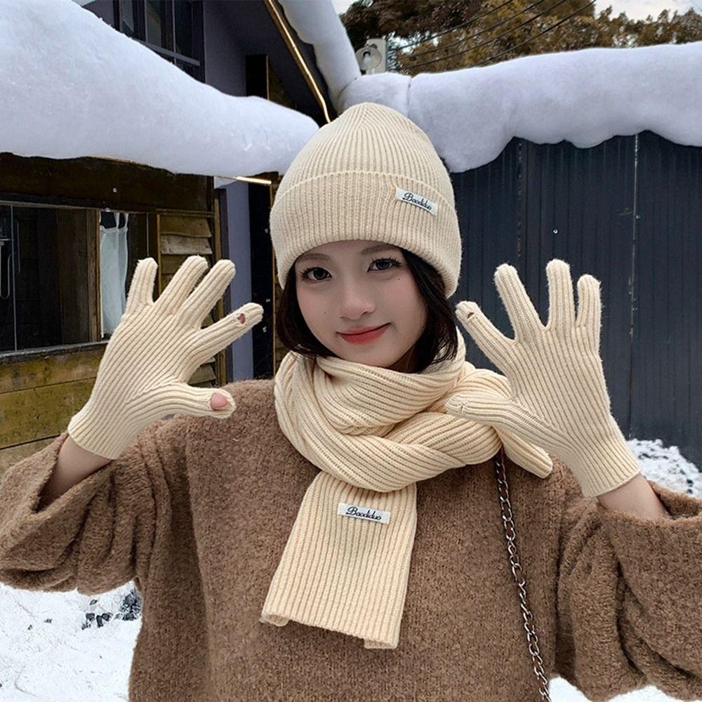 Warm Thermal Knit Cap Solid Color Winter Beanie Hat Neck Warmer Hat Scarf Gloves Set  Winter