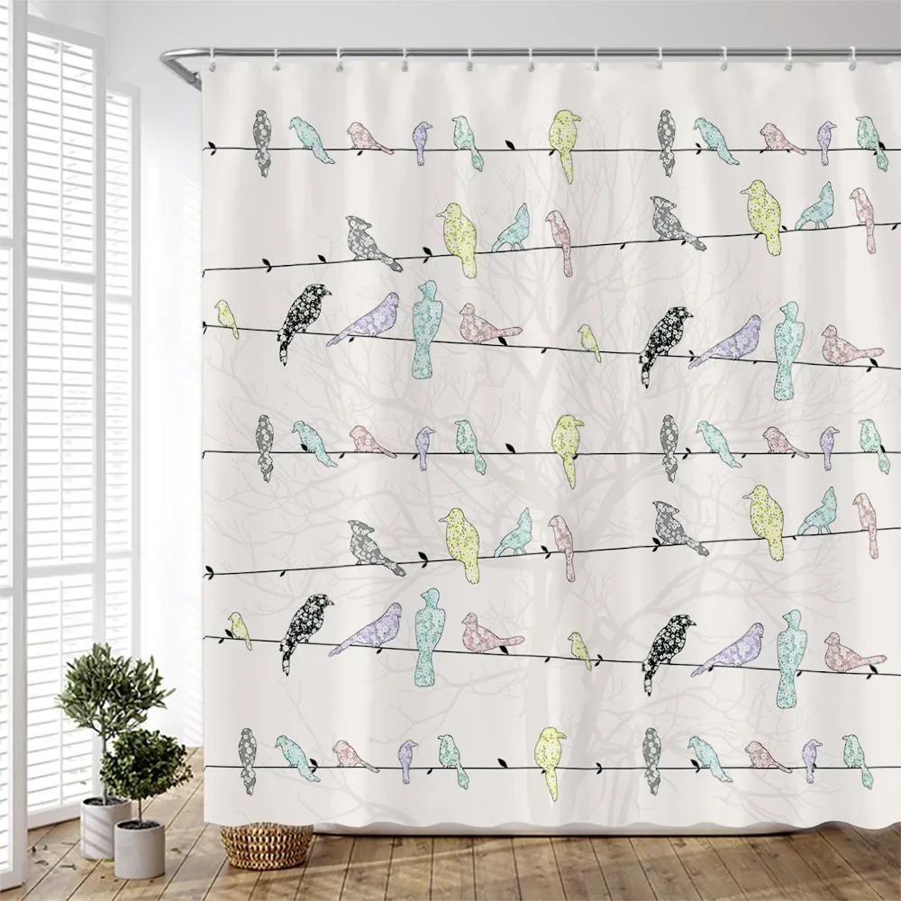Cartoon Colorful Birds Shower Curtains Creative Design Watercolor Printing Chinese Style Cloth Bathroom Curtain Set Simple Dec