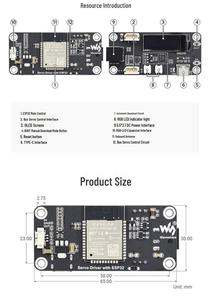 ESP32 Servo Driver Board with UART, WiFi/Bluetooth 5.0 Control for 6-12V Systems.