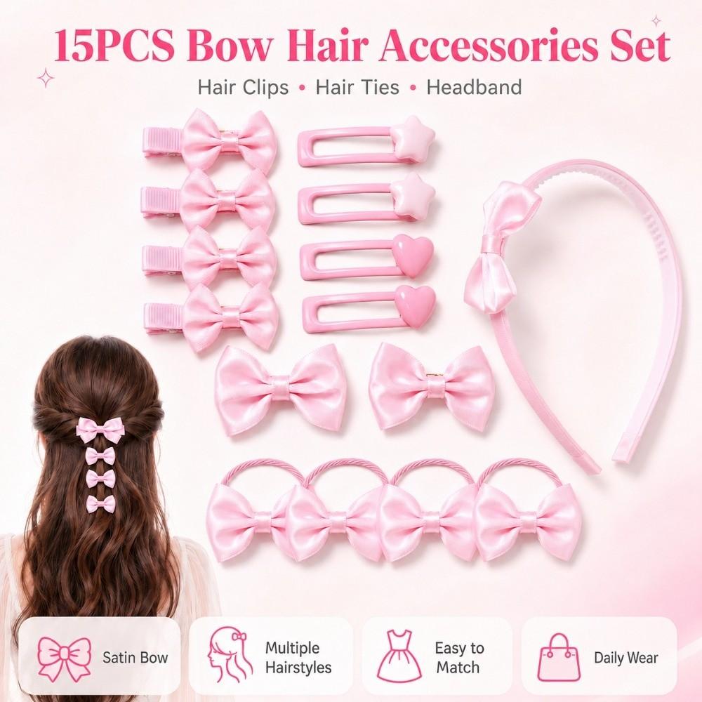 15Pcs/Set Lightweight Bow Hair Accessories Set Colorful Bow Hair Ties New Bow Headband Girls Gifts
