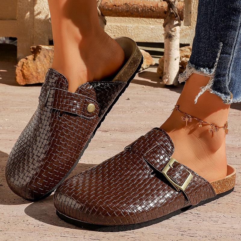 Zoccoli con Fibbia Intrecciata Dorata da Donna  Scarpe Mules Estive a Punta Chiusa con Suola in Sughero Donna Tacco Basso Antiscivolo Mezza Pantofola