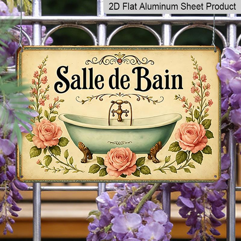 2D Flat Vintage French Bathtub Wall Plaque with Pink Roses & Green Foliage - Bath Sign, Metal Wall Art Suitable for Bathroom or Multi-Room Decor