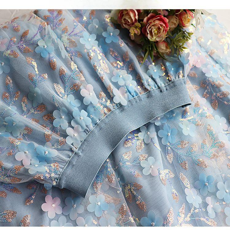 3D Embroidered Sequin A Line Tulle Skirt High Waist Fairy Semi Skirt