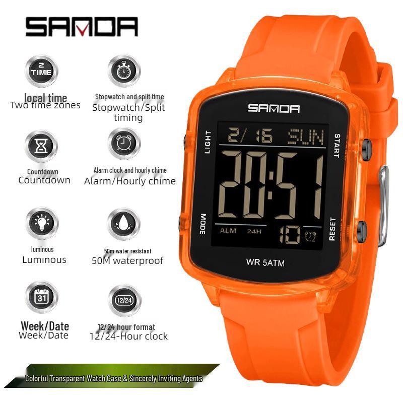 Sanda Temu Waterproof Multifunctional Watch: Countdown Alarm, Dual Time Zone for Men and Women.