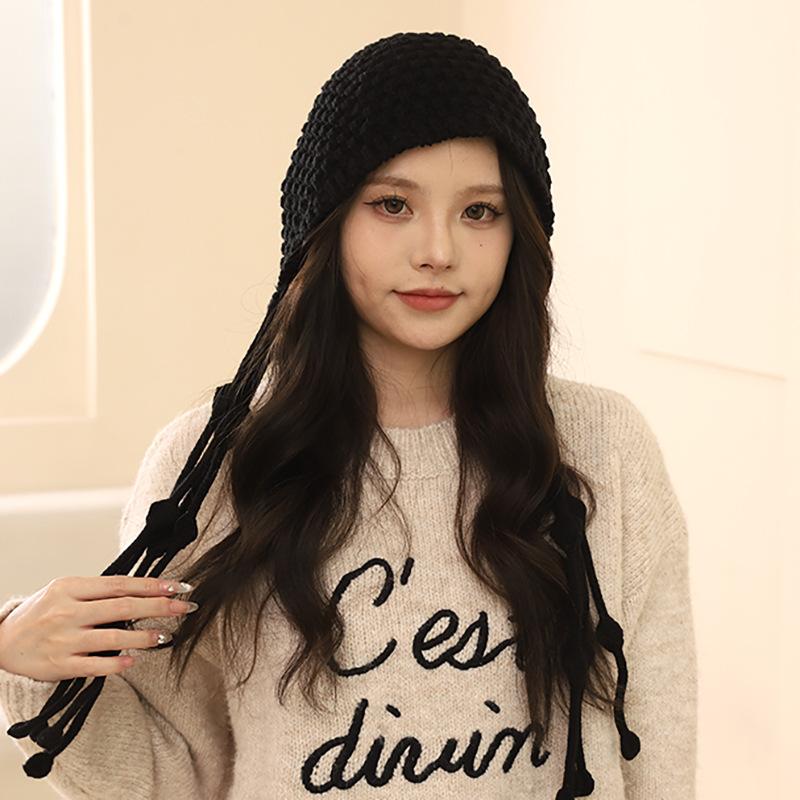 Hand-woven fringed knitted hat women's autumn and winter new warm ear protection hat big head circumference showing face small head hat