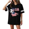 Women’s Short Sleeve V Neck Loose Fit Soccer Graphic Tee Shirt with USA Flag Letter Print and Striped Sleeves Casual Top