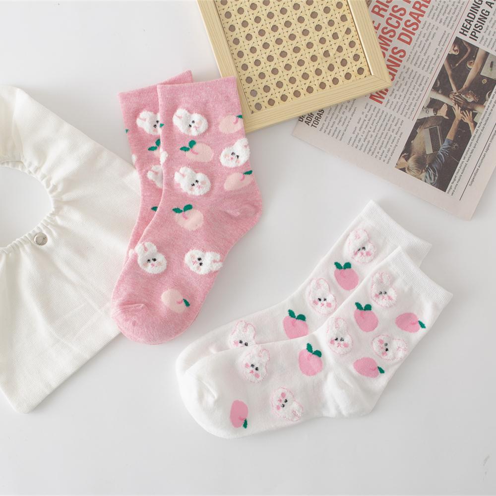 New Chic Girls' Cute Cartoon 3D Hairy Feather Yarn Rabbit Bear Peach Cherry Soft Cotton Casual Socks Preppy Style Dropship
