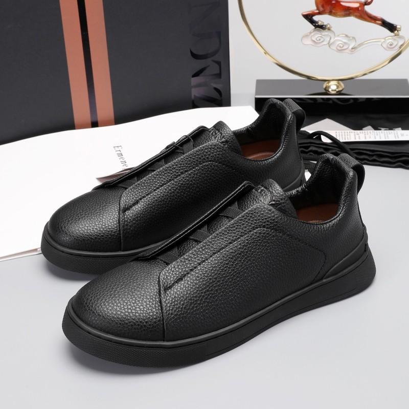 Mens Genuine Leather Slip-On Casual Sneakers With Elastic Band Comfortable Breathable Low-Top Flat Shoes